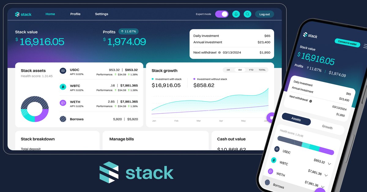 Stack treasury product shown on desktop and mobile dashboards